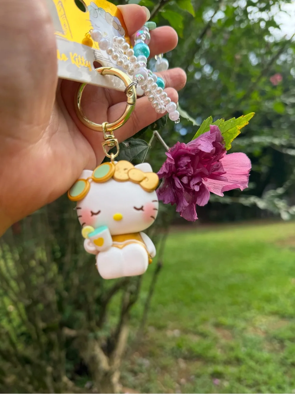 Sanrio Hello Kitty White, Gold & Turquoise Beaded Keychain Charm